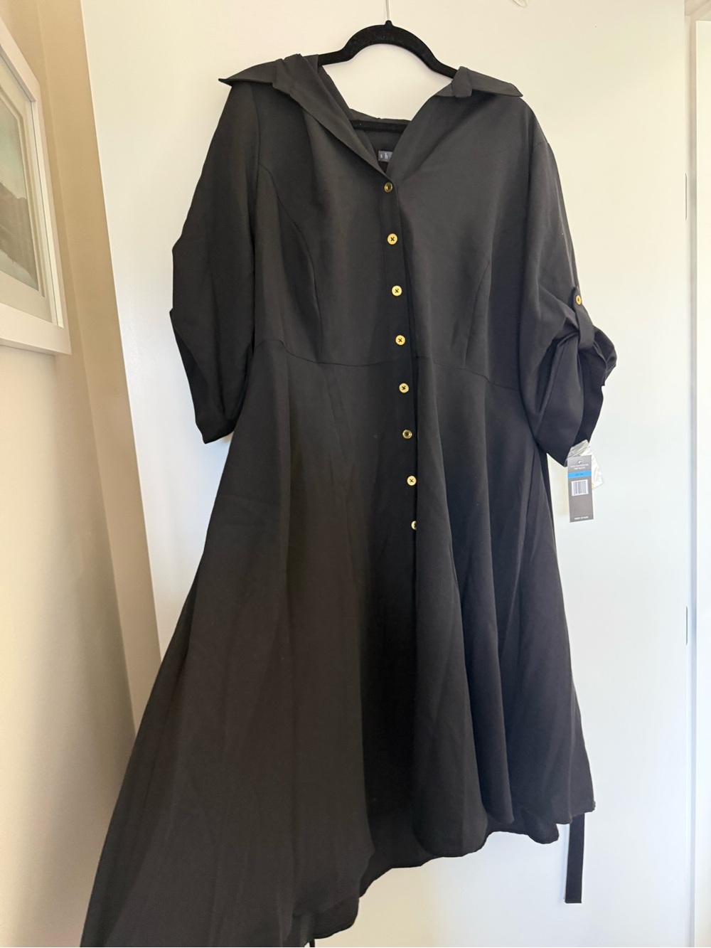 Black Button-Front A-Line Midi Dress with Collar